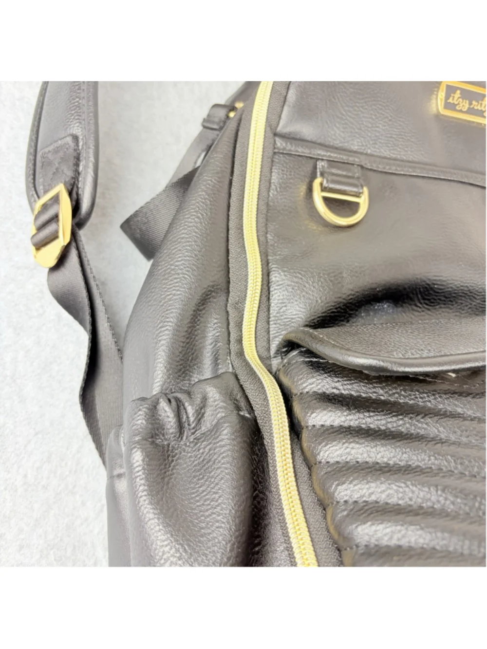 ITZY RITZY Boss Plus Diaper Backpack Black Vegan Leather Gold Hardware